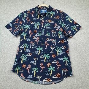 Chubbies Shirt Mens L Blue‎ NEON LIGHTS Popover Short Sleeve Martinis Flamingos
